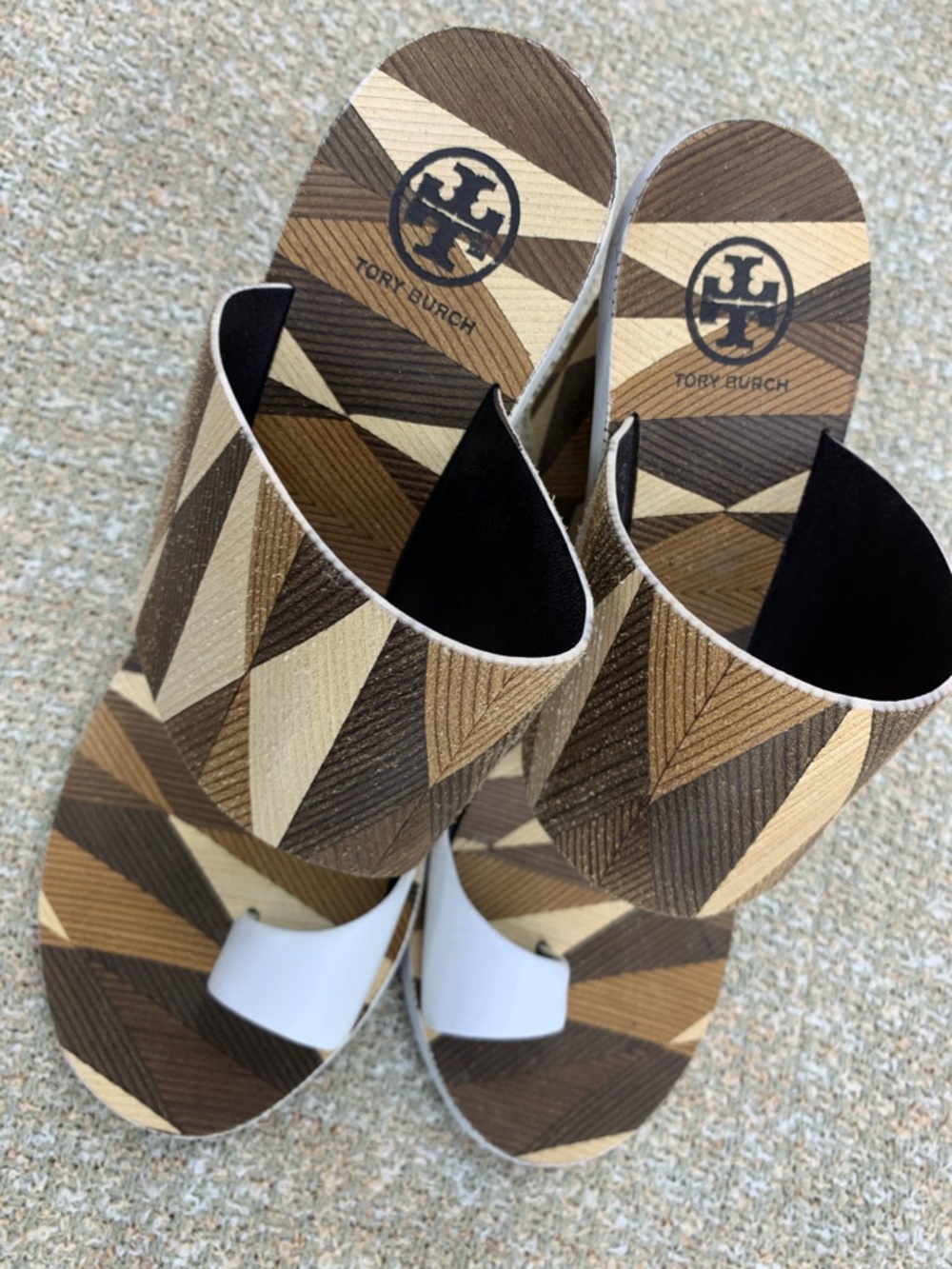 Tory Burch Brown and White Geometric Slide Sandals - Picture 7 of 8